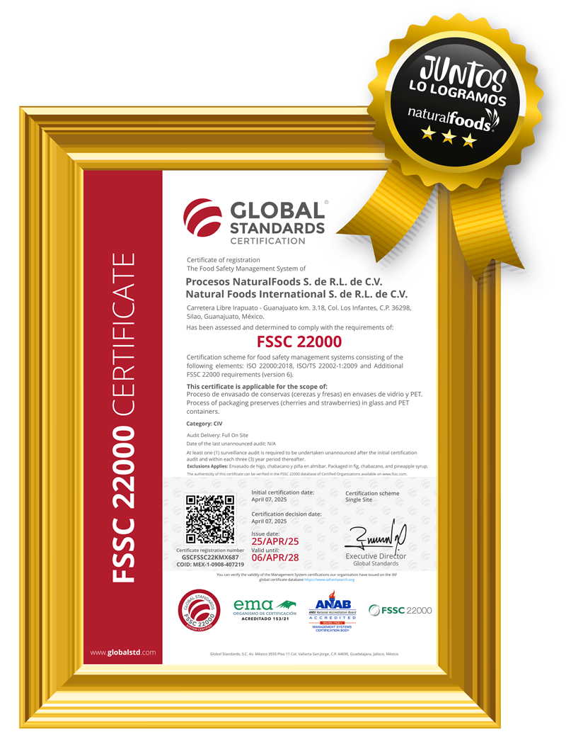 Certificado FSSC 22000 GlobalSTD — Natural Foods Internacional